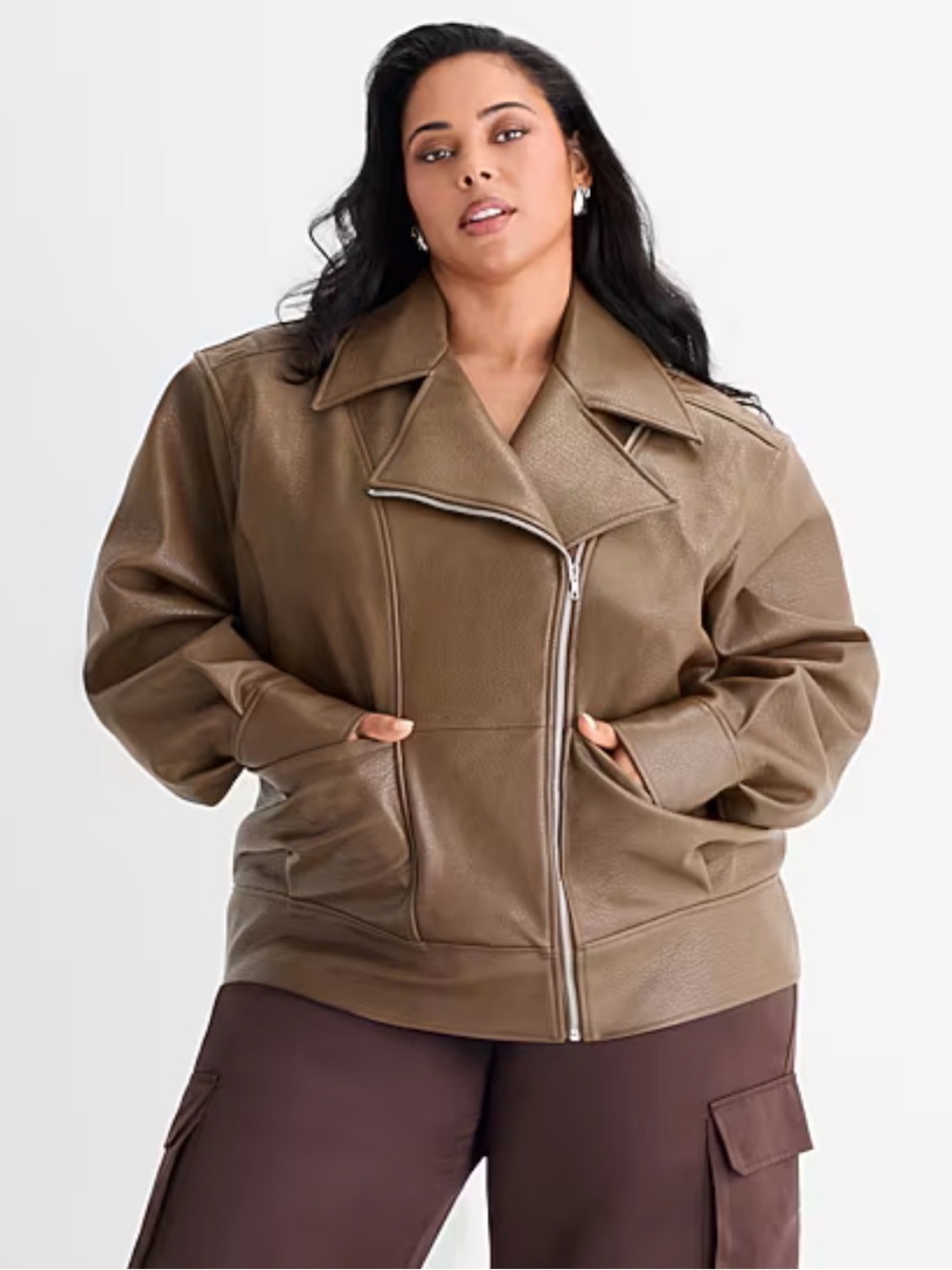 Ashley Graham Womens Plus Faux Leather Midweight Motorcycle Jacket